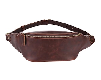 Brown Leather Fanny Pack: Adjustable Strap Cowhide Belt Bag