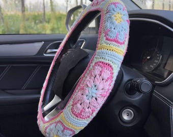 Pink Flower Steering Wheel Cover,Crochet Steering Wheel Cover,Cute Steering Wheel Cover,Men and Women car accessories,car gift