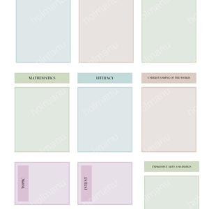 Puede incluir: Una plantilla de plan de actividades imprimible con nueve casillas. Las casillas están etiquetadas con diferentes áreas temáticas, incluyendo Comunicación y Lenguaje, Físico, Personal, Social y Emocional, Matemáticas, Alfabetización, Comprensión del Mundo, Tema e Intención. Las casillas están coloreadas en tonos de verde, azul y rosa.