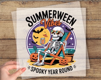 Summerween Vibes Ready To Apply, Summer Halloween DTF Transfer, Spooky Season Dtf, Funny Skeleton Graphic Print, Halloween Party Gift