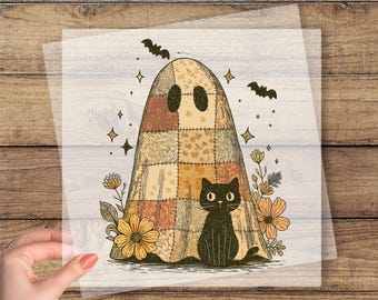Vintage Patchwork Ghost DTF Transfer, Ghost And Black Cat Ready To Press, Fall Halloween Dtf Print, Retro Ghost Heat Press, Cat Halloween
