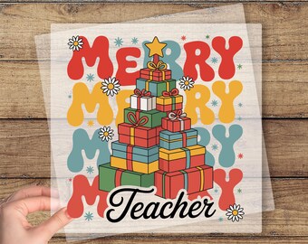 Merry Christmas Teacher DTF Transfer, Christmas Teacher Ready To Press, Cute Teacher Gift For Christmas, Happy New Year Teacher Dtf