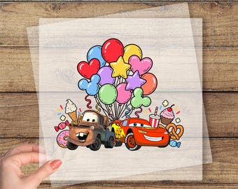 Disney Car Birthday Party, Cars Lightning McQueen DTF, Cute Disney Birthday Balloons Cake Print Ready to Press DTF, Cute Birthday DTF