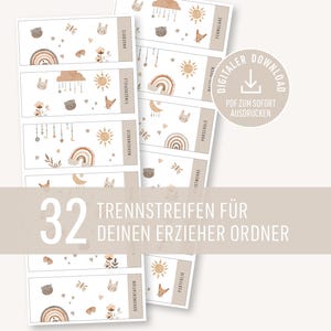 以下が含まれることがあります： 教育者用バインダー用の32個の装飾的な仕切りストリップのセット。虹、太陽、動物の気まぐれなイラストがソフトなニュートラルカラーで描かれています。「DIGITALER DOWNLOAD」と「PDF ZUM SOFORT AUSDRUCKEN」の文字が含まれています。