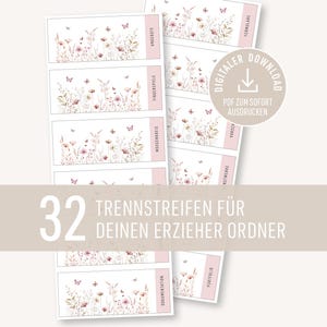 Può includere: Un set di 32 divisori floreali per un raccoglitore per educatori. Ogni striscia presenta un design ad acquerello di fiori, farfalle e coniglietti. Le strisce hanno etichette rosa con testo in tedesco. Download digitale.