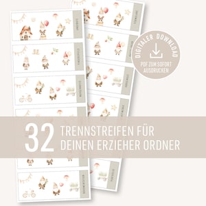 Può includere: Una collezione di 32 strisce divisorie stampabili per un raccoglitore per educatori, con illustrazioni fantasiose di gnomi, case, palloncini e biciclette. Le strisce sono in morbidi colori pastello.