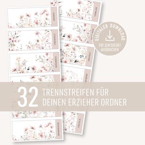 Op de afbeelding: Een set van 32 bloemrijke scheidingsstrips voor een leerkrachtenmap. Elke strip heeft een aquarelontwerp van delicate roze en witte bloemen en groen. De tekst op de strips bevat verschillende organisatorische categorieën. De afbeelding bevat ook de tekst "DIGITALER DOWNLOAD" en "PDF ZUM SOFORT AUSDRUCKEN."