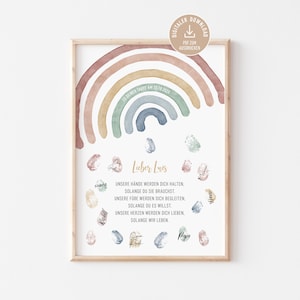 Puede incluir: Un estampado enmarcado con un arcoíris de acuarela en colores pastel. La impresión incluye texto en alemán, una fecha y el nombre "Luis". Huellas dactilares y nombres rodean el texto, creando un diseño personalizado.