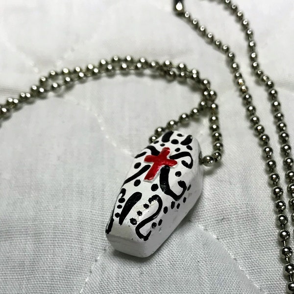 White Coffin Pendant Necklace, Dia de los Muertos, Day of the Dead, Coffin Jewelry, Coffin Necklace, Long Necklace, Religious Jewelry, Cross