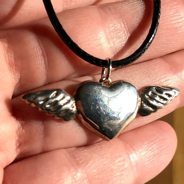 Flying Heart Necklace, Winged Heart Pendant, Heart with Wings, Rock and Roll Jewelry, '70s Jewelry, '80s Jewelry, Love Pendant, Glam Jewelry