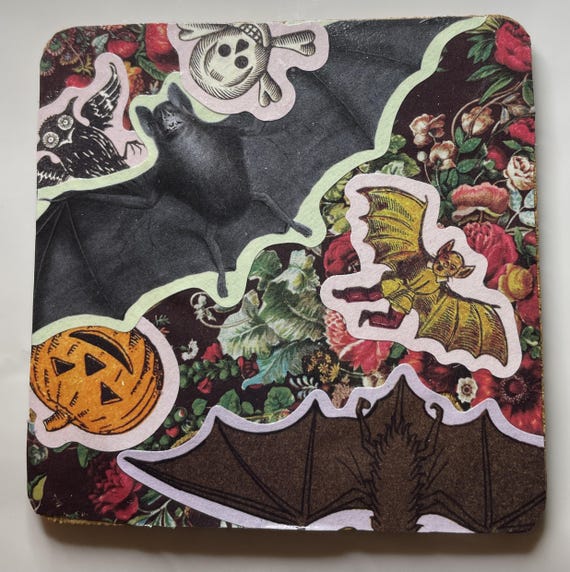 Double-sided Halloween decoupage coasters that are genuinely one-of-a-kind collage art you can put your drink on — actual handmade craft, not a template.