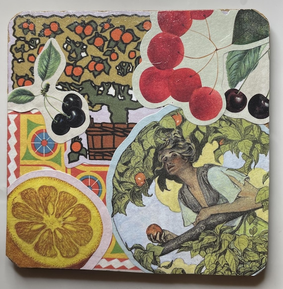 Double-sided decoupage collage coasters described as 'one of a kind' and 'miscellaneous' — genuinely weird, handmade, conversation-starting art objects you actually use.