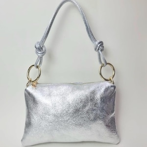 Bolsa clutch de couro legítimo prateada Bolsa de ombro prateada Bolsa transversal prateada Bolsa de noite prateada Bolsa de mão de couro prateado metálico Presente para ela