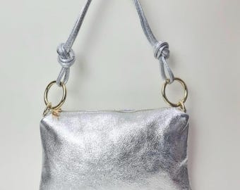 Silver Real Leather Clutch Bag Silver Shoulder Bag Silver Crossbody Silver Evening Bag Metallic Silver Leather Handbag Gift for Her
