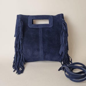 Echtes Wildleder Marineblau Fransen Umhängetasche Handgemachtes Leder Boho Party Geldbörse