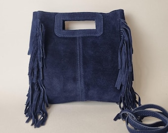 Genuine Suede Navy Blue Fringe Crossbody Bag Handmade Leather Boho Party Purse