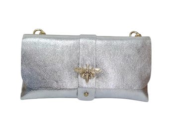 Silver Real Leather Clutch Bag Silver Evening Purse Metallic Silver Bee Handbag Gift for Her Wedding Clutch Bag Party Bag Gifts for her