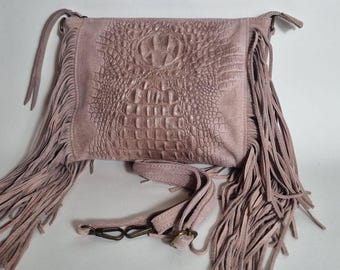 Handmade Dusty Pink Suede Fringe Crossbody Bag Boho Western Leather Purse Nude Party Evening bag
