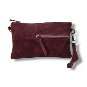 Echtes Wildleder Leder Burgund Handgelenk Clutch Tasche Burgund Abendtasche Burgund Leder Crossbody Bag mit abnehmbaren Crossbody Riemen