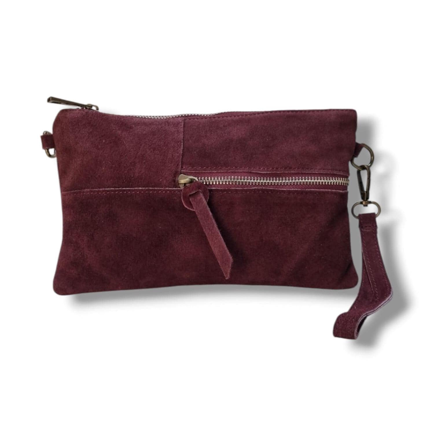 Genuine Suede Leather Burgundy Wristlet Clutch Bag Burgundy Evening bag Burgundy Leather Crossbody Bag With Detachable Crossbody Strap
