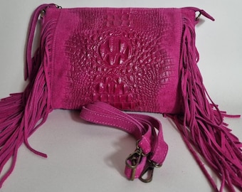 Handmade Fuchsia Suede Fringe Crossbody Bag Boho Western Leather Purse Hot Pink Party Evening bag