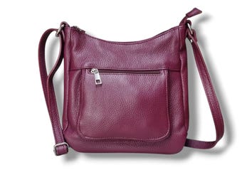 Italian Pebble Leather Crossbody Bag: Burgundy Travel Shoulder Bag