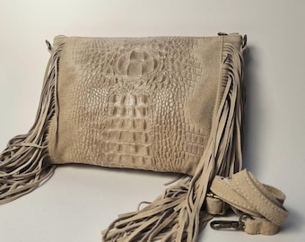 Beige Suede Fringe Crossbody Bag: Handmade Leather Boho Purse