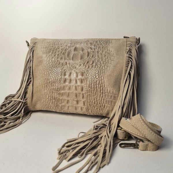 Beige Suede Fringe Crossbody Bag: Handmade Leather Boho Purse