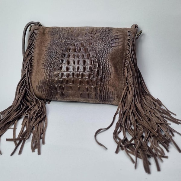 Handmade Taupe Suede Fringe Crossbody Bag: Boho Western Leather Purse
