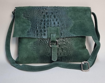 Real Suede Dark Green Crossbody Bag Handmade Everyday Shoulder Purse