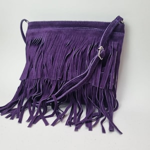 Purple Suede Fringe Bag Real Suede Boho Crossbody Purse Western Festival Bag Handmade Leather Shoulder Bag Bohemian Suede Bag Gifts for Her