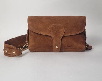 Handmade Tan Suede Leather Crossbody Bag: Adjustable Strap Boho Purse