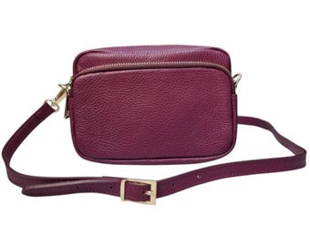 Burgundy Leather Crossbody Bag: Double Zip, Minimalist Design