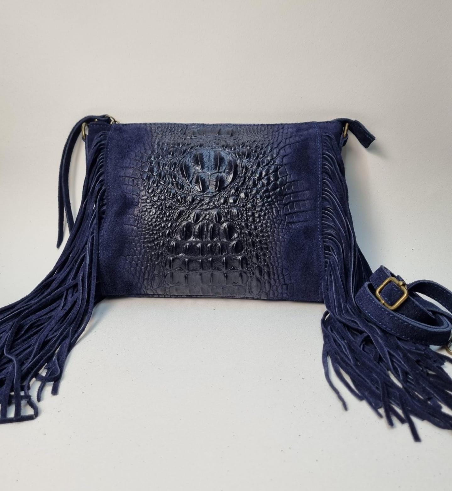 Navy Blue Suede Fringe Crossbody Bag: Handmade Western Style Purse 