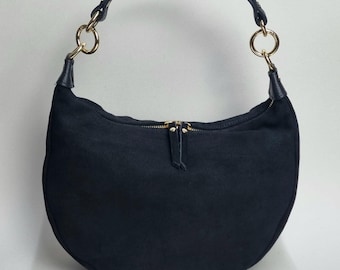 Handmade Black Suede Crossbody Bag with Two Straps