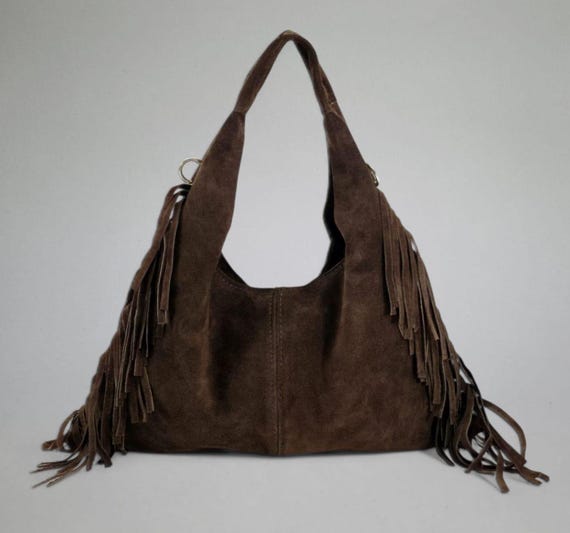 Real Suede Fringe Chocolate Brown Shoulder Bag Tote Bag  Handmade Leather Boho Purse