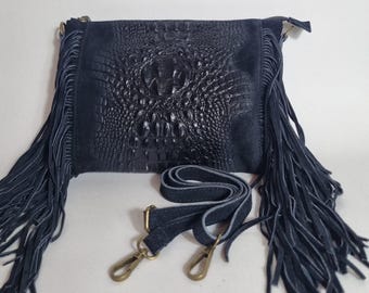 Handmade Black Suede Fringe Crossbody Bag Boho Western Leather Purse Party Evening bag