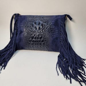 Navy Blue Suede Fringe Bag Real Suede Crossbody Bag Boho Festival Bag Handmade Leather Purse Western Style Dark Blue Shoulder Bag