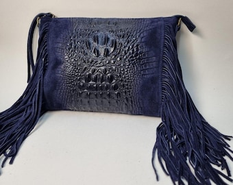 Navy Blue Suede Fringe Crossbody Bag: Handmade Western Style Purse