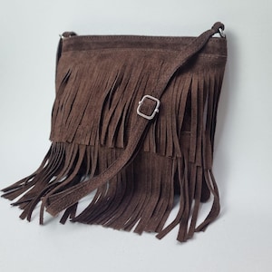Chocolate Brown Suede Fringe Bag Real Leather Crossbody Purse, Boho Western Festival Handbag, Handmade Cowgirl Shoulder Bag Gifts for her