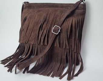 Chocolate Brown Suede Fringe Bag Real Leather Crossbody Purse, Boho Western Festival Handbag, Handmade Cowgirl Shoulder Bag Gifts for her