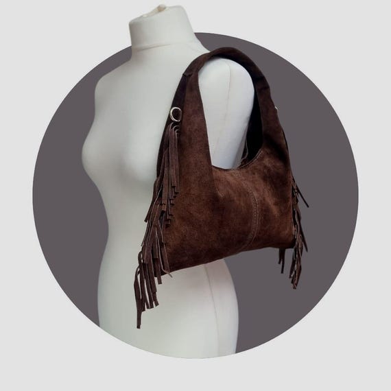 Real Suede Fringe Chocolate Brown Shoulder Bag Tote Bag  Handmade Leather Boho Purse