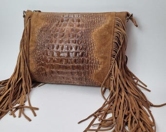 Tan Suede Fringe Bag Real Leather Crossbody Purse, Boho Western Festival Handbag Tan Handmade Cowgirl Shoulder Bag Tan Suede Gifts for her