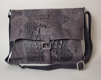 Real Suede Dark Grey Crossbody Bag Handmade Everyday Shoulder Purse