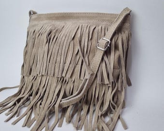 Beige Suede Fringe Crossbody Bag: Handmade Boho Leather Purse