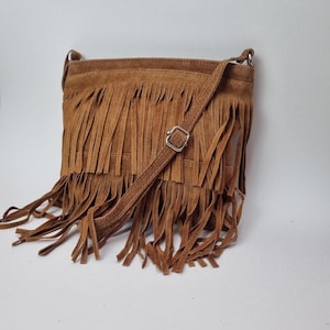 Tan Suede Fringe Bag Real Leather Crossbody Purse, Boho Western Festival Handbag Tan Handmade Cowgirl Shoulder Bag Tan Suede Gifts for her