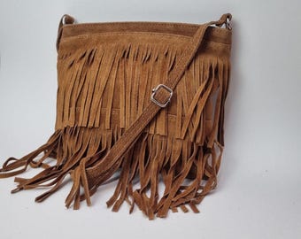 Tan Suede Fringe Bag Real Leather Crossbody Purse, Boho Western Festival Handbag Tan Handmade Cowgirl Shoulder Bag Tan Suede Gifts for her