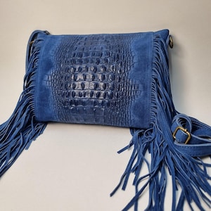 Denim Blue Suede Fringe Crossbody Bag: Boho Western Style
