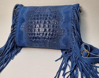 Denim Blue Suede Fringe Crossbody Bag: Boho Western Style
