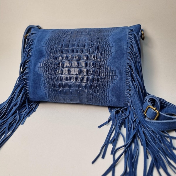 Denim Blue Suede Fringe Crossbody Bag: Boho Western Style